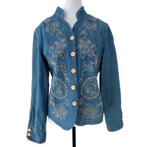RUBY RD. Denim Embroidered Jacket Mandarin Collar Contrast Cuff Western Boho